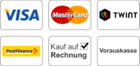 Zahlungsarten: Rechnung, Twint, Kreditkarte, PostFinance, PayPal